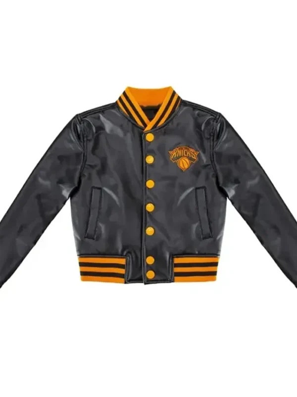 NY Knicks Cropped Leather Varsity Jacket