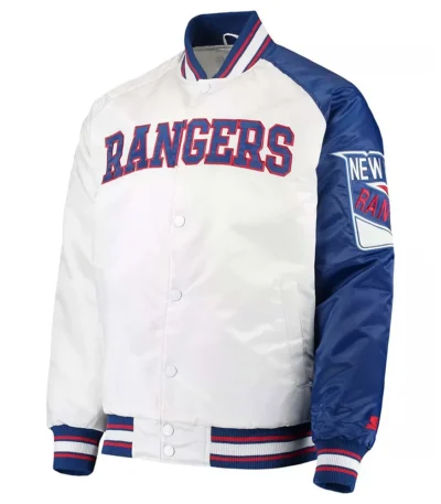 NY Rangers Dugout Championship Blue and White Varsity Satin Jacket