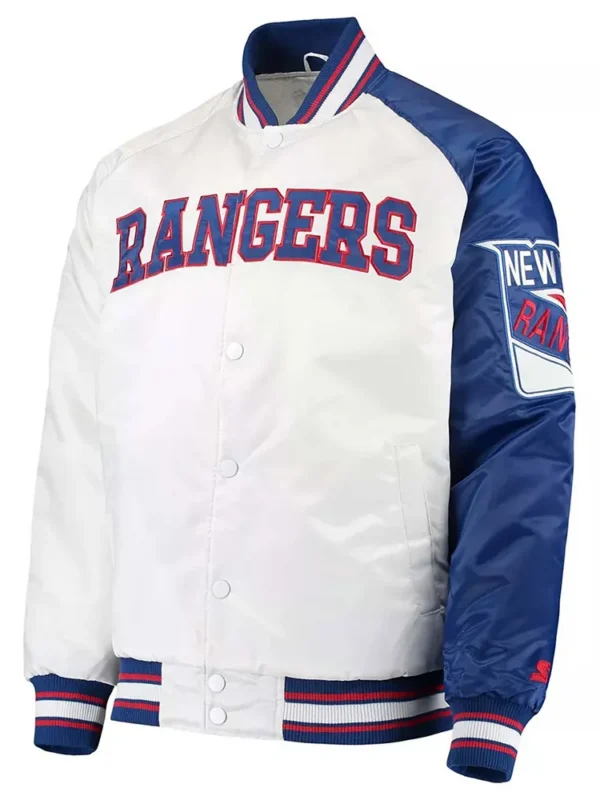 NY Rangers Dugout Championship Blue and White Varsity Satin Jacket