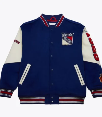 NY Rangers Team History Blue Vintage Logo Varsity Jacket