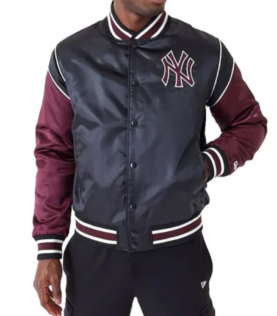 NY Yankees Black and Maroon Satin Jacket