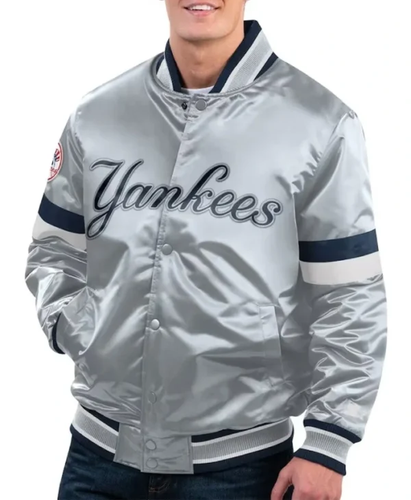 NY Yankees Home Game Gray Satin Jacket