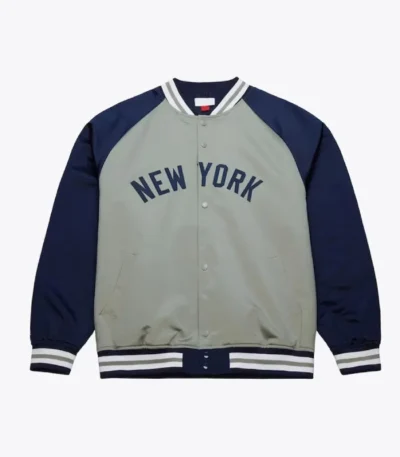 NY Yankees Vintage Logo Double Clutch Lightweight Satin Gray Jacket