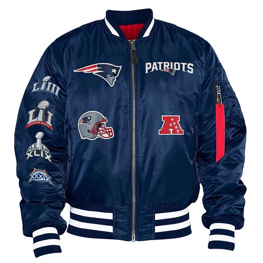 New England Patriots Blue Bomber Satin Jacket New England Patriots Blue Bomber Satin Jacket