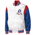 New England Patriots Throwback Warm Up Pitch Varsity White Satin Jacket