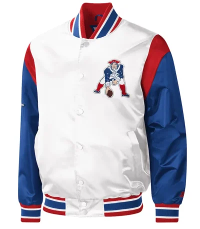 New England Patriots Throwback Warm Up Pitch Varsity White Satin Jacket