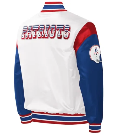 New England Patriots Throwback Warm Up Pitch Varsity White Satin Jacket