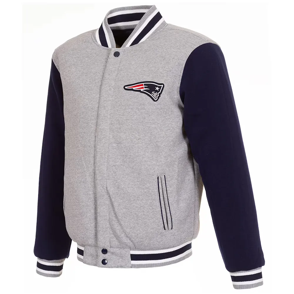 New England Patriots Varsity Gray and Navy Wool Jacket New England Patriots Varsity Gray and Navy Wool Jacket