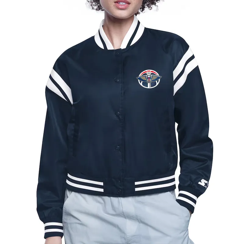 New Orleans Pelicans Printed Logo Varsity Satin Jacket New Orleans Pelicans Printed Logo Varsity Satin Jacket