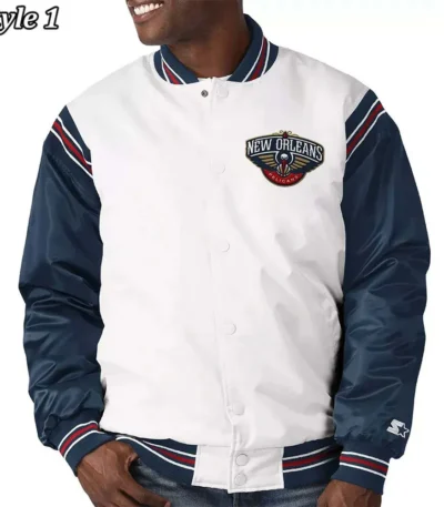 New Orleans Pelicans Renegade Varsity Satin White-Navy Jacket