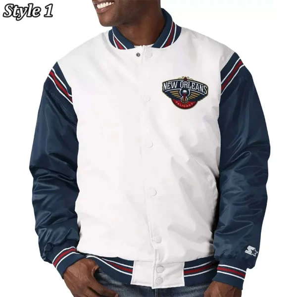 New Orleans Pelicans Renegade Varsity Satin White-Navy Jacket