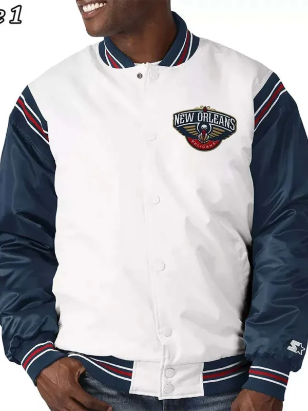 New Orleans Pelicans Renegade Varsity Satin White-Navy Jacket