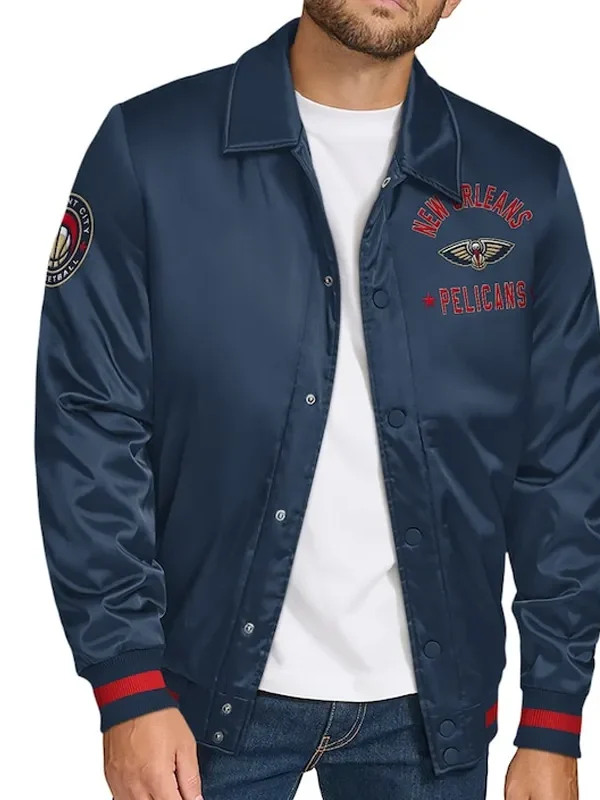 New Orleans Pelicans Stitch Applique Navy Satin Jacket