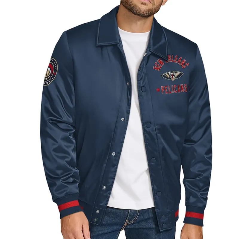 New Orleans Pelicans Stitch Applique Navy Satin Jacket New Orleans Pelicans Stitch Applique Navy Satin Jacket