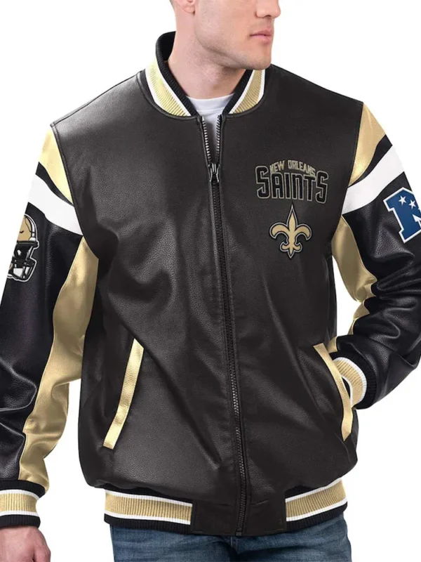 New Orleans Saints Black Varsity Full-Zip Leather Jacket