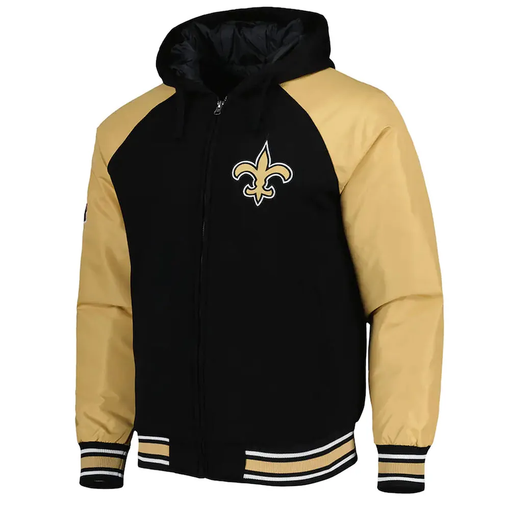 New Orleans Saints Black Varsity Hooded Jacket New Orleans Saints Black Varsity Hooded Jacket