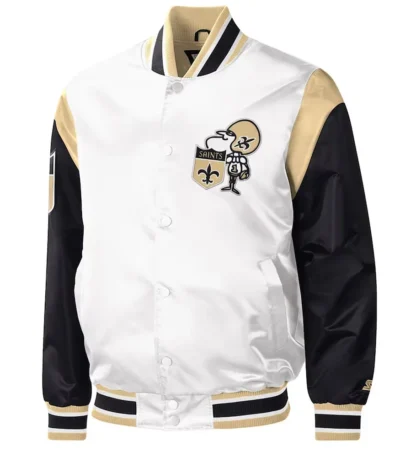 New Orleans Saints Throwback Warm Up Pitch White Varsity Satin Jacket
