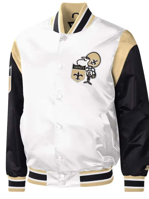 New Orleans Saints Throwback Warm Up Pitch White Varsity Satin Jacket