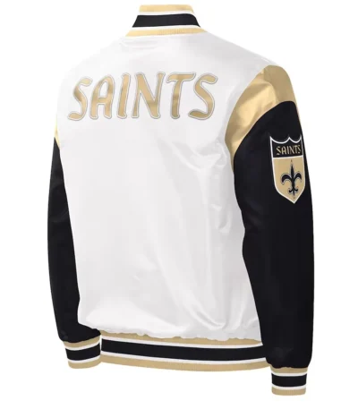 New Orleans Saints Throwback Warm Up Pitch White Varsity Satin Jacket