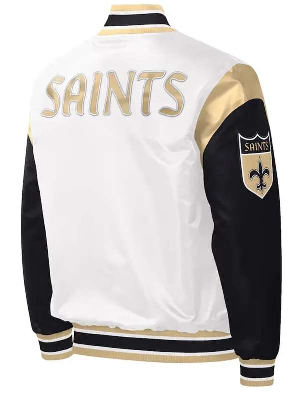 New Orleans Saints Throwback Warm Up Pitch White Varsity Satin Jacket