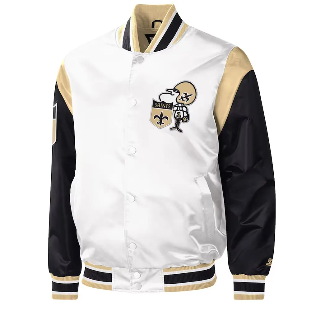 New Orleans Saints Throwback Warm Up Pitch White Varsity Satin Jacket New Orleans Saints Throwback Warm Up Pitch White Varsity Satin Jacket