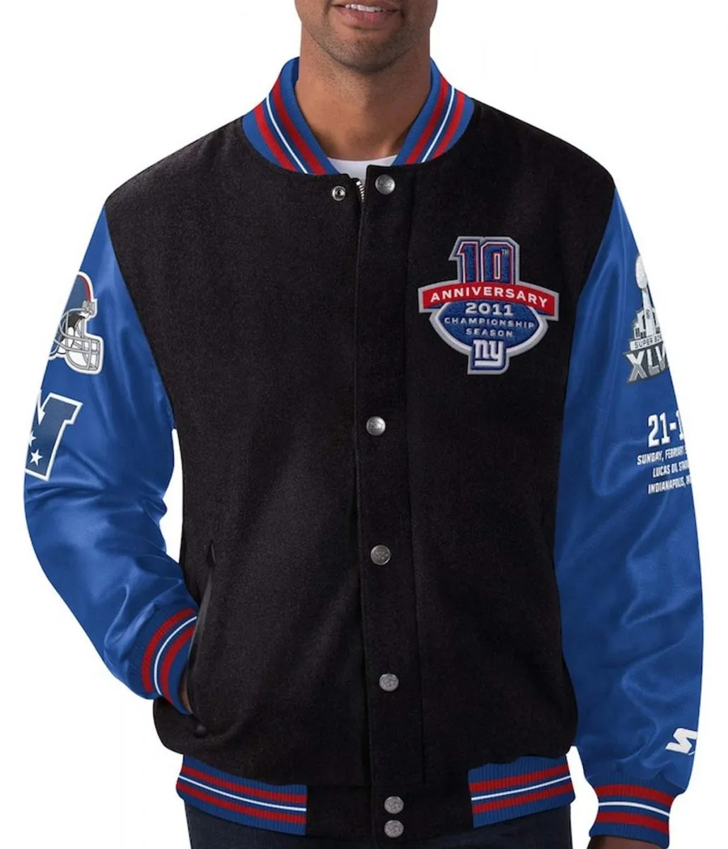 New York Giants Super Bowl XLVI Black and Blue Varsity Jacket New York Giants Super Bowl XLVI Black and Blue Varsity Jacket