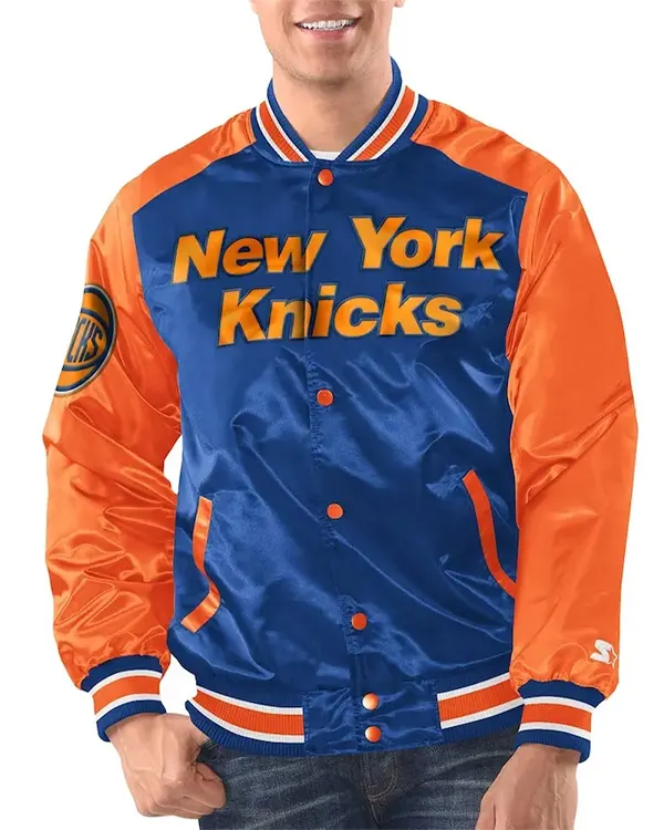 New York Knicks Blue And Orange Renegade Varsity Satin Jacket