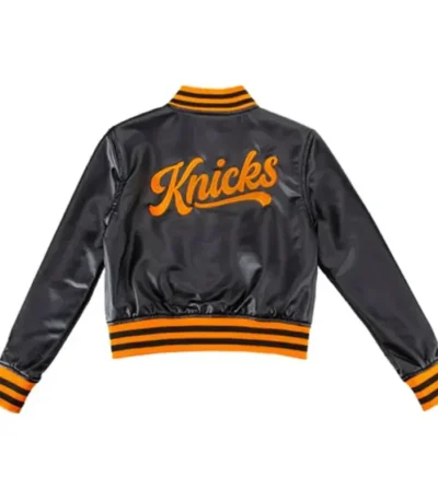 NY Knicks Cropped Leather Varsity Jacket