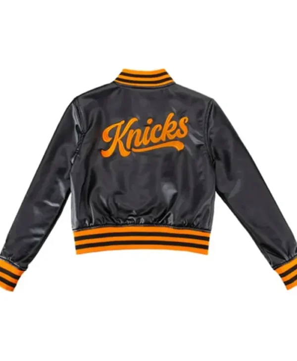 NY Knicks Cropped Leather Varsity Jacket