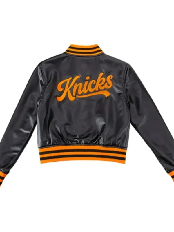 NY Knicks Cropped Leather Varsity Jacket
