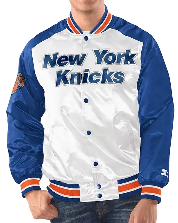 New York Knicks White And Blue Renegade Varsity Satin Jacket