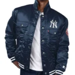 New York Yankees Navy Silver Tab Satin Trucker Jacket