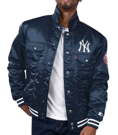 New York Yankees Navy Silver Tab Satin Trucker Jacket