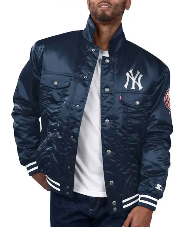 New York Yankees Navy Silver Tab Satin Trucker Jacket