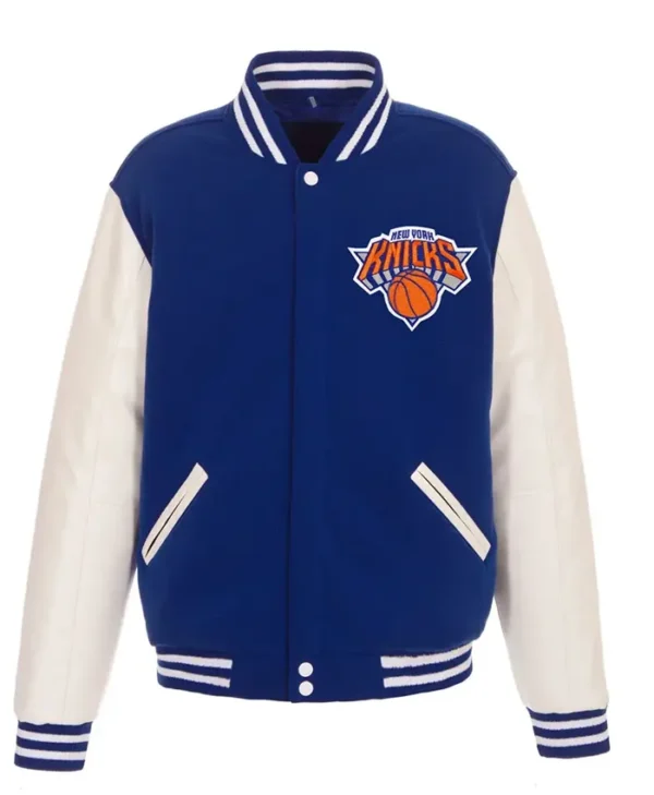 Ny Knicks Blue And White Varsity Wool And Leather Jacket