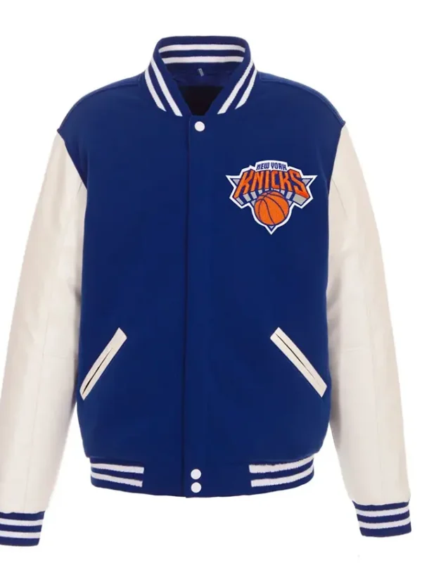 Ny Knicks Blue And White Varsity Wool And Leather Jacket