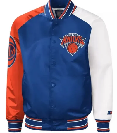 Ny Knicks Reliever Raglan Royal Blue And Orange Satin Jacket