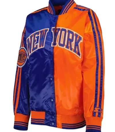 Ny Knicks Split Colorblock Blue And Orange Satin Jacket