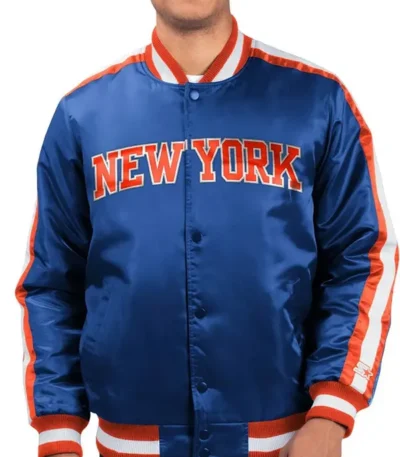 Ny Knicks Striped Varsity Blue Satin Jacket