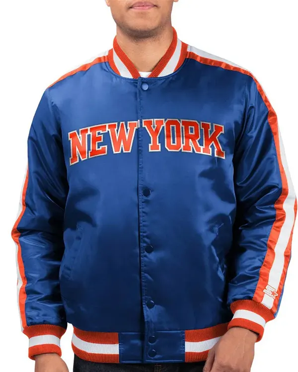 Ny Knicks Striped Varsity Blue Satin Jacket