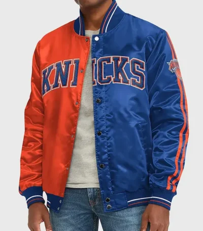 Ny Knicks Varsity Satin Orange And Blue Jacket