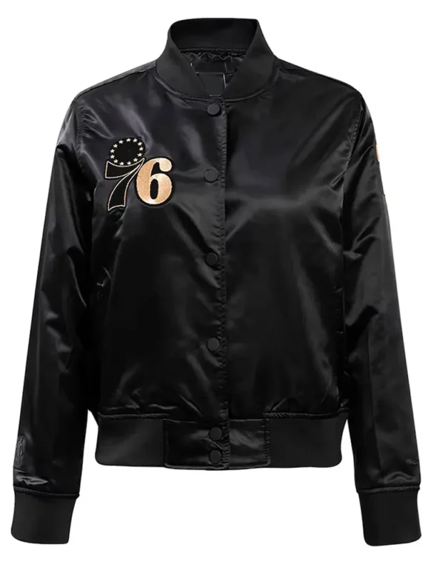 Philadelphia 76ers Glam Black Varsity Satin Jacket