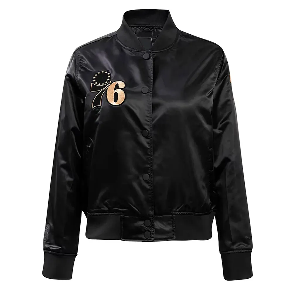 Philadelphia 76ers Glam Black Varsity Satin Jacket Philadelphia 76ers Glam Black Varsity Satin Jacket