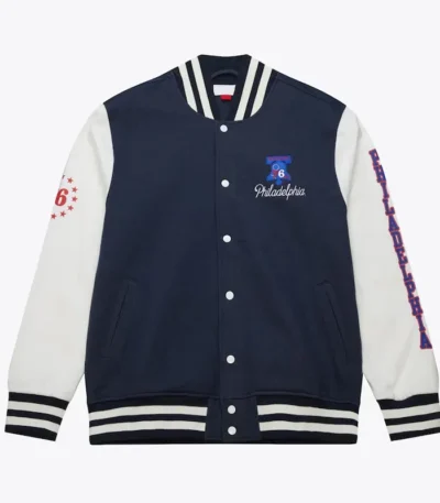 Philadelphia 76ers Navy and White Fleece Varsity Jacket