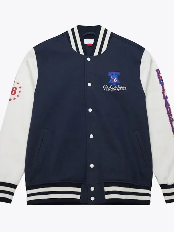 Philadelphia 76ers Navy and White Fleece Varsity Jacket