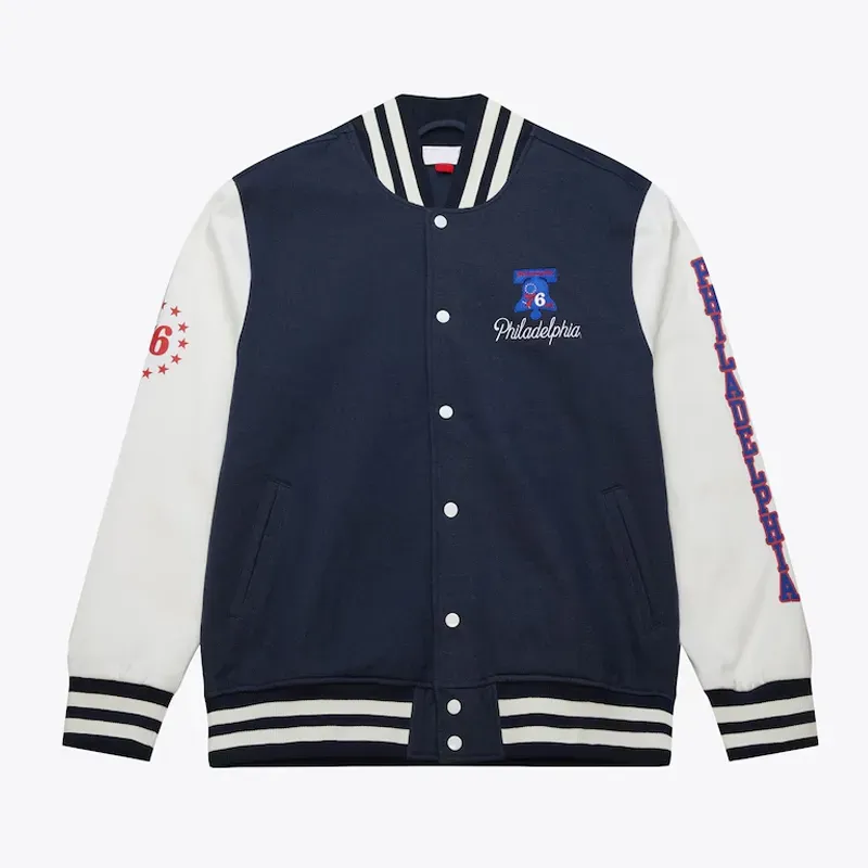 Philadelphia 76ers Navy and White Fleece Varsity Jacket Philadelphia 76ers Navy and White Fleece Varsity Jacket