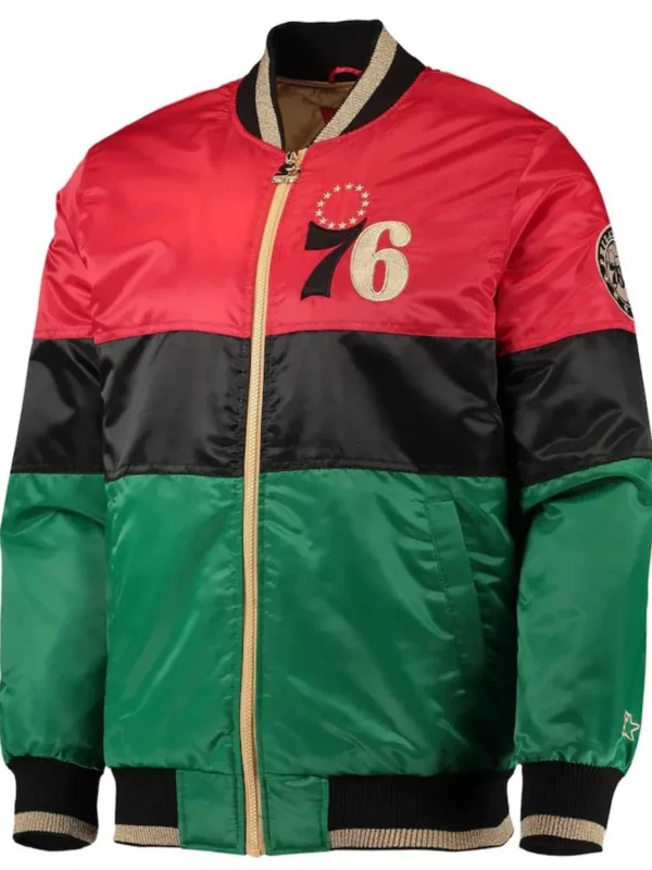 Philadelphia 76ers Red/Black/Green Satin Full-Zip Jacket