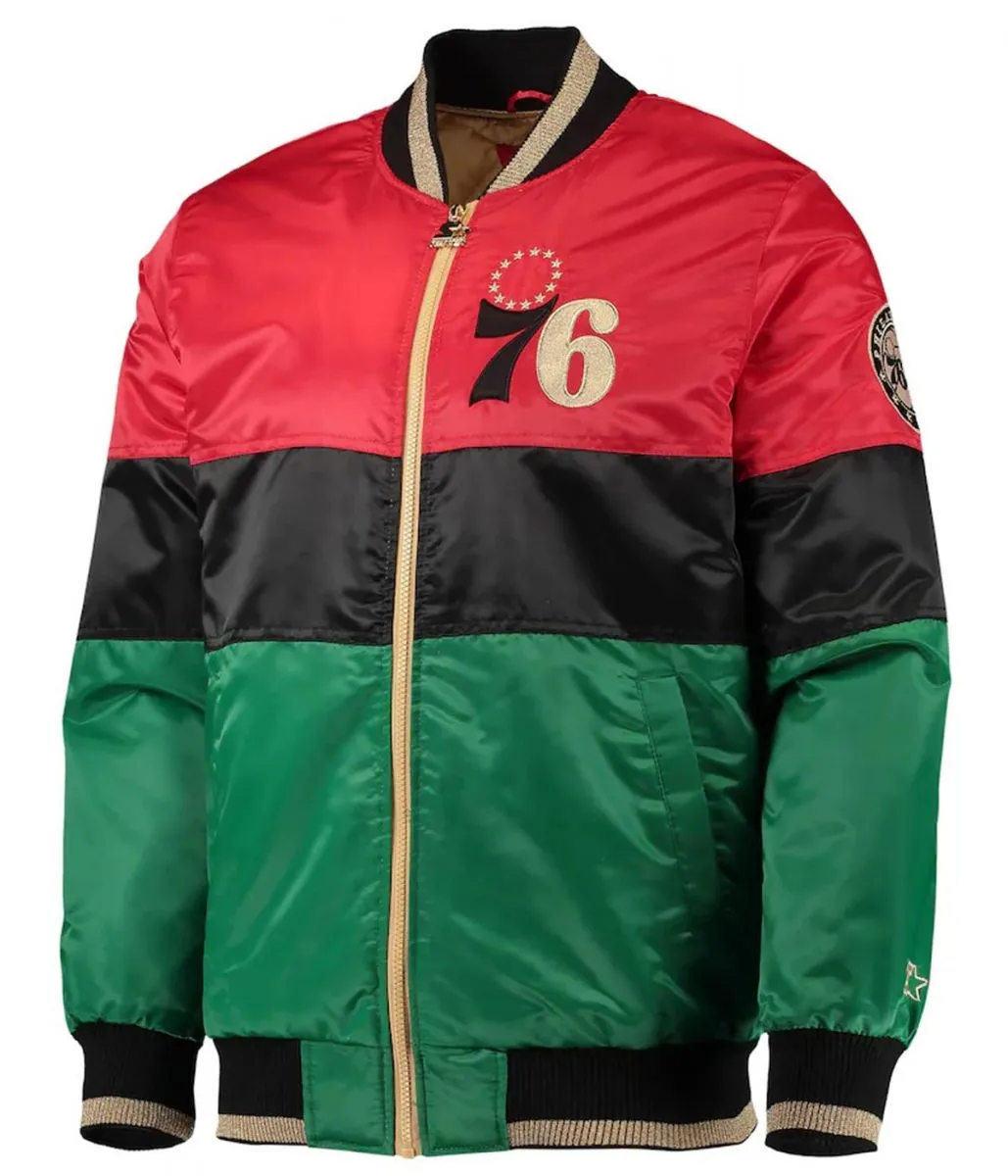 Philadelphia 76ers Red/Black/Green Satin Full-Zip Jacket Philadelphia 76ers Red/Black/Green Satin Full-Zip Jacket