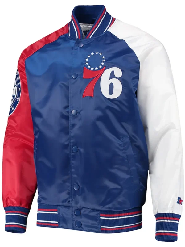 Philadelphia 76ers Reliever Royal/Red Varsity Satin Jacket