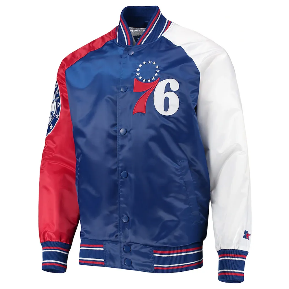 Philadelphia 76ers Reliever Royal/Red Varsity Satin Jacket Philadelphia 76ers Reliever Royal/Red Varsity Satin Jacket